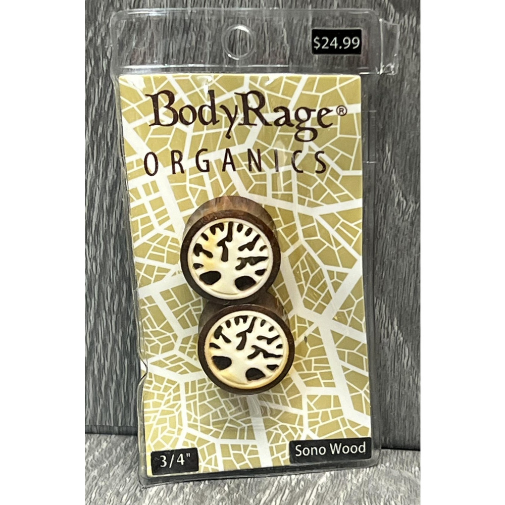 BodyRage Organics Sono Wood Tree‎ Of Life 3/4" Ear Plugs Gauges Pair New